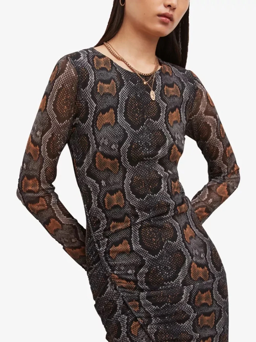 All Saints Norma Ruched Mesh Midi Dress Size US 4 Snake Retile Print